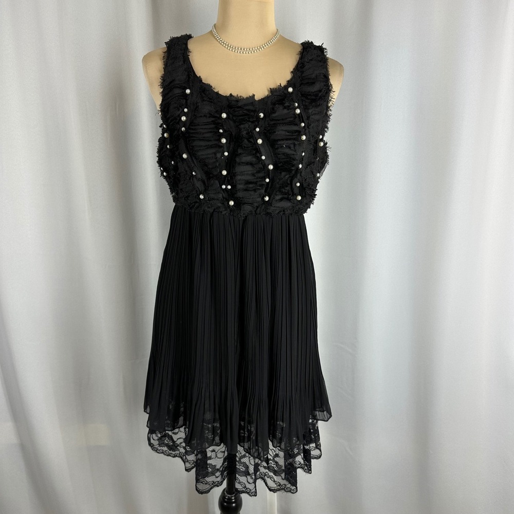Pretty Angel Black Silk Blend Dress Pearl Beaded Pleated Lace Small Y2K